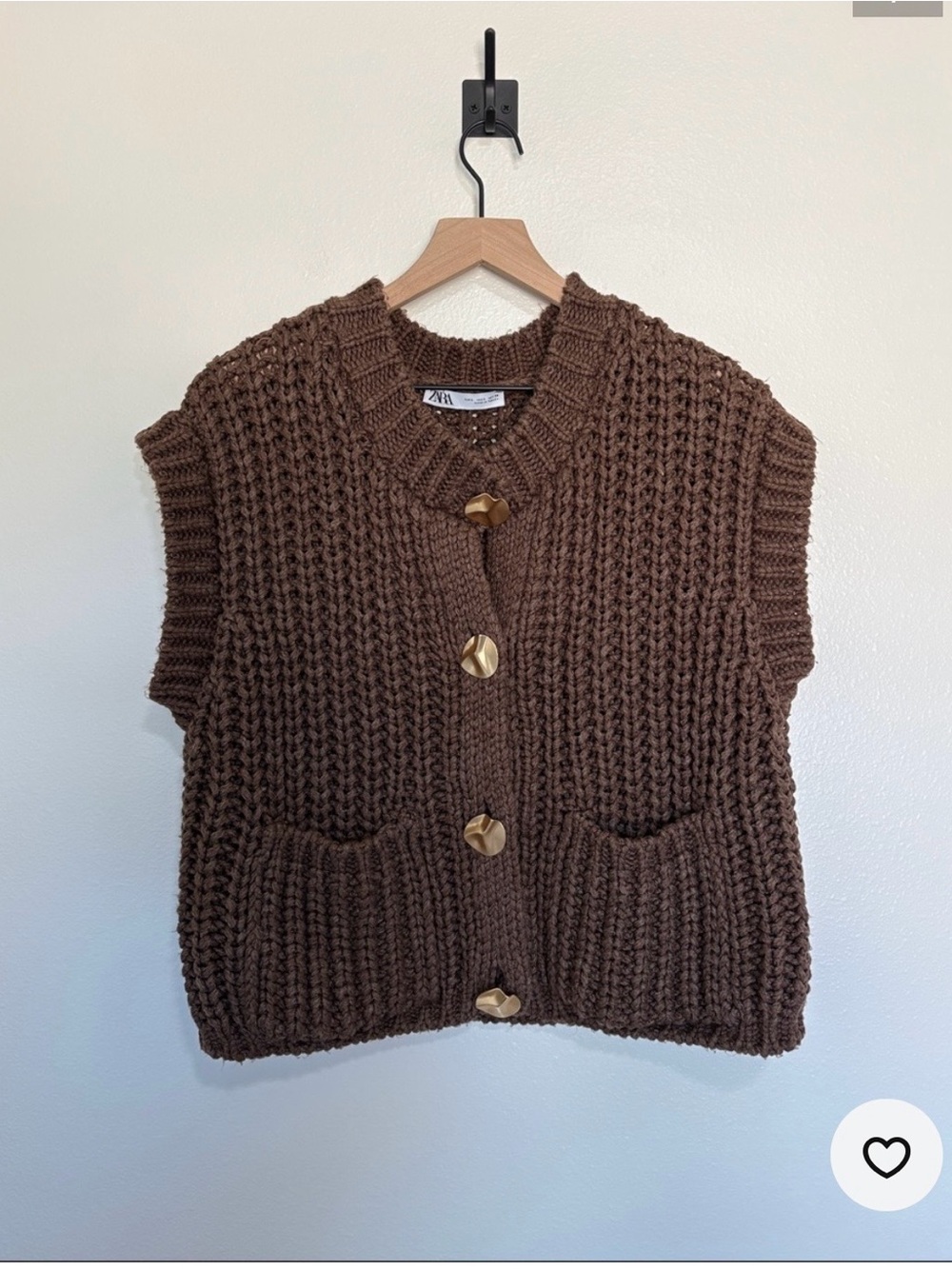 Zara Chunky Knit Brown Short Sleeve Cardigan Vest with Gold Buttons